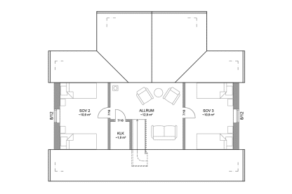 Planritning loftplan fritidshus med loft vinkelhus 98 kvm Ängnö 35-81 FHV