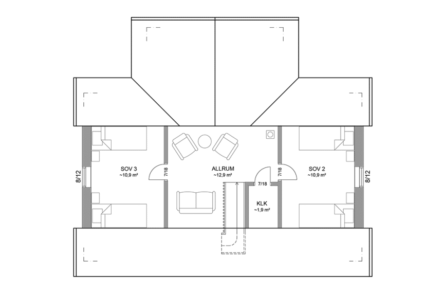 Planritning loftplan fritidshus med loft vinkelhus 98 kvm Ängnö 35-81 FHV spegelvänd