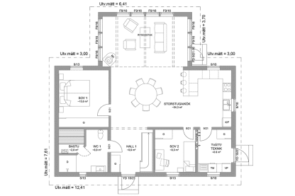 Planritning entréplan fritidshus med loft vinkelhus 150 kvm Ängnö 40-118