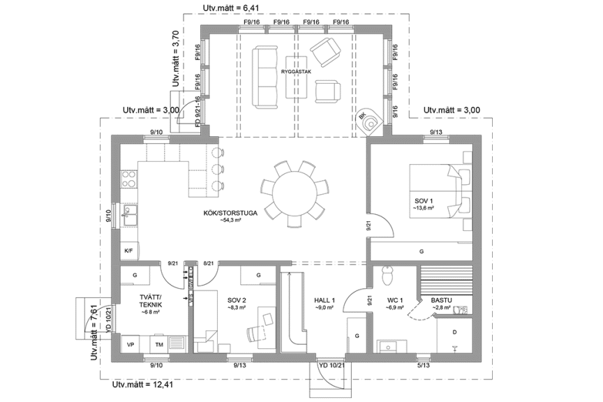 Planritning entréplan fritidshus med loft vinkelhus 150 kvm Ängnö 40-118 spegelvänd