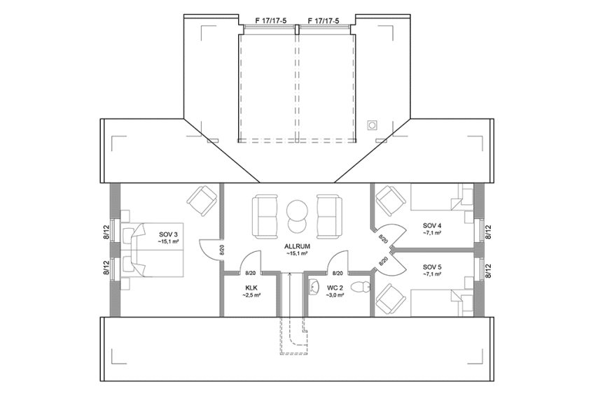 Planritning loftplan fritidshus med loft vinkelhus 150 kvm Ängnö 40-118 spegelvänd