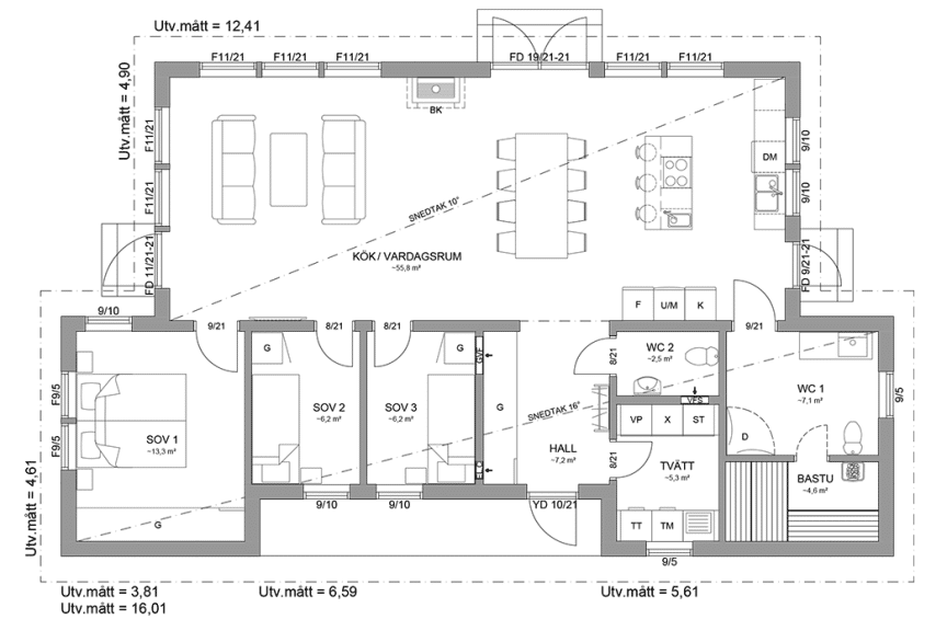 Planritning fritidshus enplanshus 113 kvm Attityd 135
