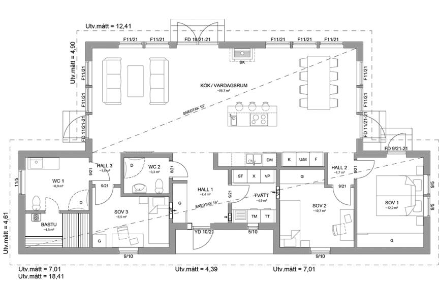 Planritning fritidshus enplanshus 125 kvm Attityd 146 spegelvänd