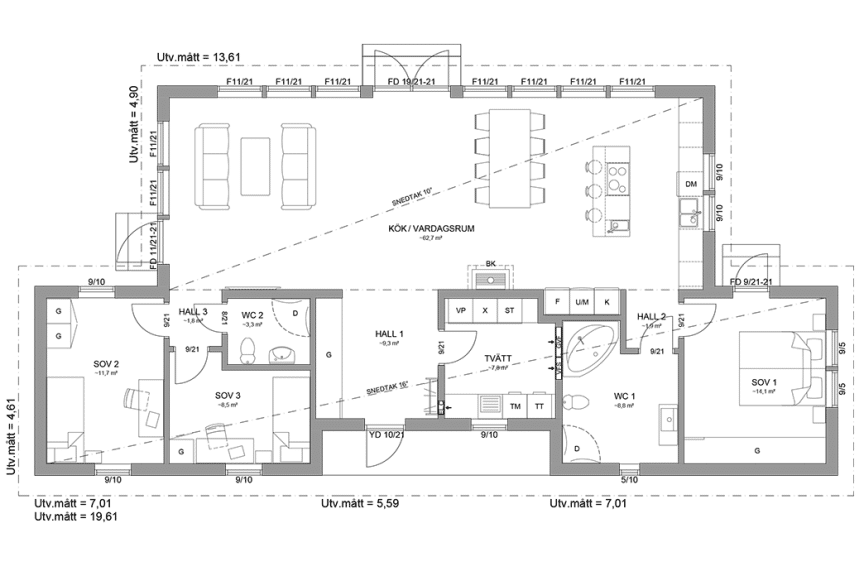 Planritning fritidshus enplanshus 135 kvm Attityd 157 spegelvänd