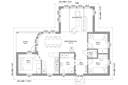 Planritning fritidshus enplanshus vinkelhus 85 kvm Blidö 23-107