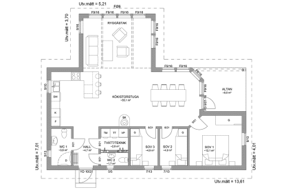 Planritning fritidshus enplanshus vinkelhus 92 kvm Blidö 23-115