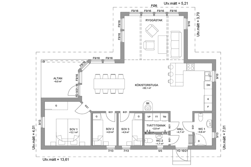 Planritning fritidshus enplanshus vinkelhus 92 kvm Blidö 23-115 spegelvänd