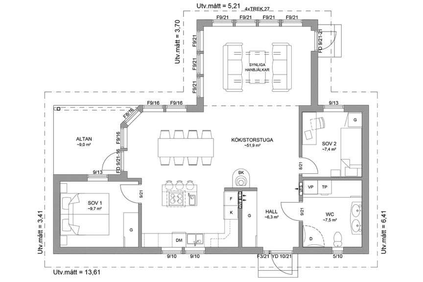 Planritning fritidshus enplanshus vinkelhus 85 kvm Blidö 27-107