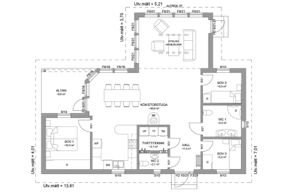 Planritning fritidshus enplanshus vinkelhus 93 kvm Blidö 27-115