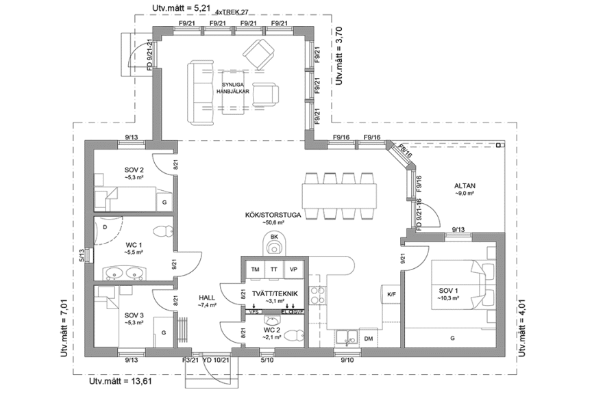 Planritning fritidshus enplanshus vinkelhus 93 kvm Blidö 27-115 spegelvänd