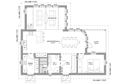 Planritning entréplan fritidshus med loft vinkelhus 130 kvm Blidö 35-115 FHV