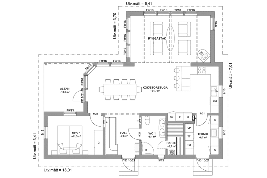 Planritning entréplan fritidshus med loft vinkelhus 130 kvm Blidö 35-115 FHV spegelvänd