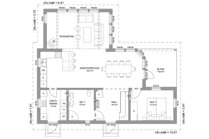 Planritning entréplan fritidshus med loft vinkelhus 130 kvm Blidö 40-115