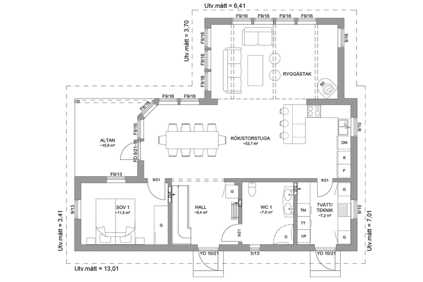 Planritning entréplan fritidshus med loft vinkelhus 130 kvm Blidö 40-115 spegelvänd