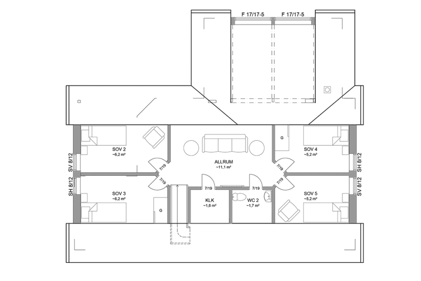 Planritning loftplan fritidshus med loft vinkelhus 130 kvm Blidö 40-115 spegelvänd