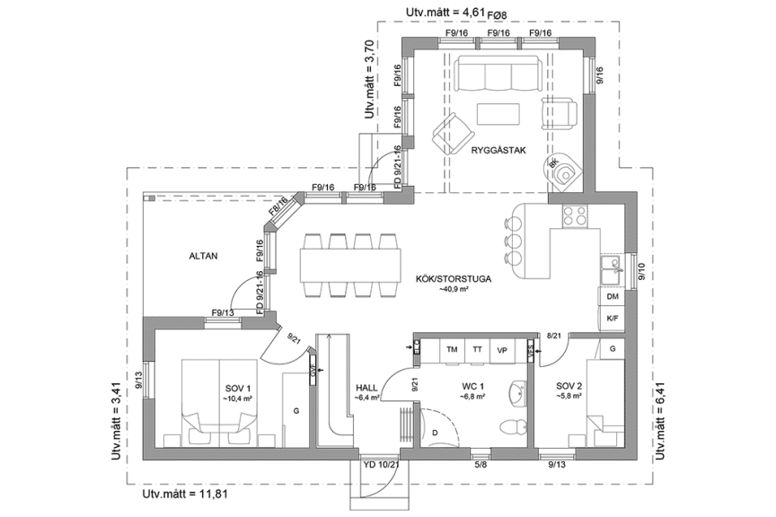 Planritning entréplan fritidshus med loft vinkelhus 102 kvm Blidö 40-93 spegelvänd