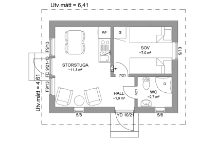 Planritning gäststuga 24 kvm Dalarö 23-30 spegelvänd