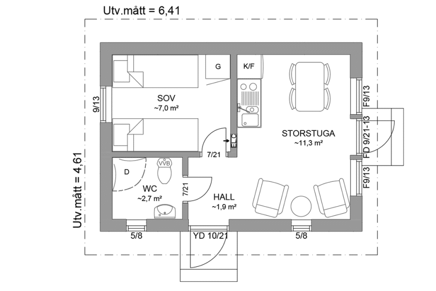 Planritning gäststuga 24 kvm Dalarö 23-30 spegelvänd