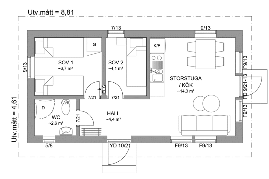 Planritning gäststuga 34 kvm Dalarö 23-41 spegelvänd