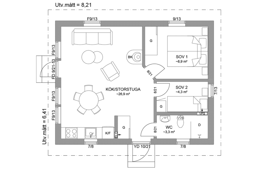 Planritning fritidshus 45 kvm Dalarö 23-53 spegelvänd