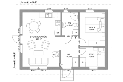 Planritning fritidshus 52 kvm Dalarö 23-60