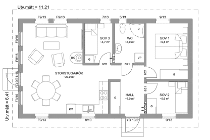 Planritning fritidshus 63 kvm Dalarö 23-72