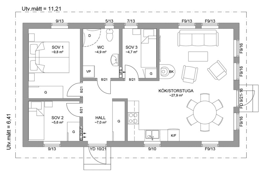 Planritning fritidshus 63 kvm Dalarö 23-72 spegelvänd