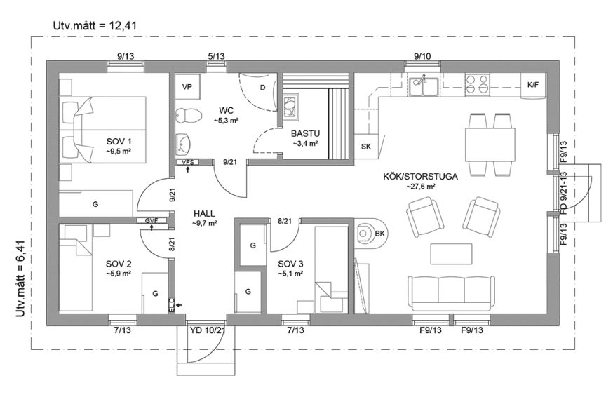 Planritning fritidshus 70 kvm Dalarö 23-80 spegelvänd