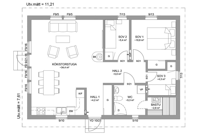 Planritning fritidshus 75 kvm Dalarö 23-85