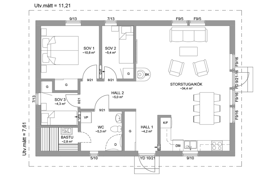 Planritning fritidshus 75 kvm Dalarö 23-85 spegelvänd