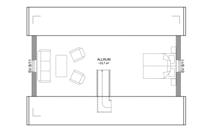 Planritning loftplan fritidshus med loft 52 kvm Dalarö 35-60