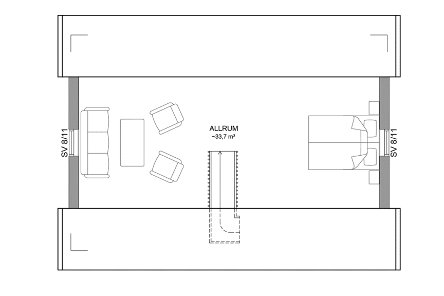 Planritning loftplan fritidshus med loft 52 kvm Dalarö 35-60