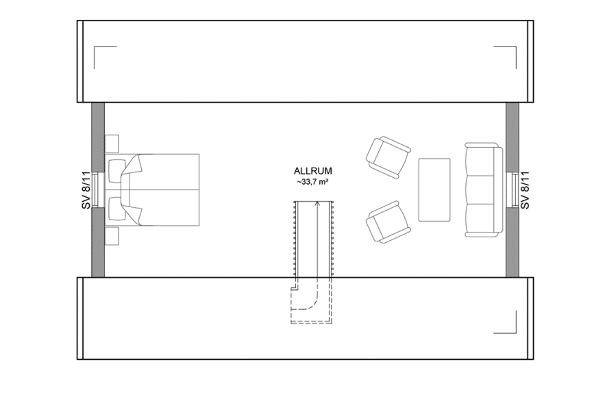 Planritning loftplan fritidshus med loft 52 kvm Dalarö 35-60 spegelvänd