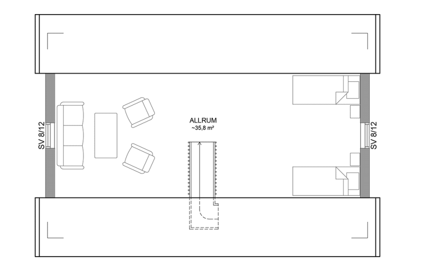 Planritning loftplan fritidshus med loft 79 kvm Dalarö 35-64 FHV