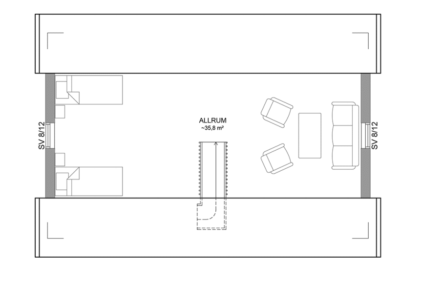 Planritning loftplan fritidshus med loft 79 kvm Dalarö 35-64 FHV spegelvänd