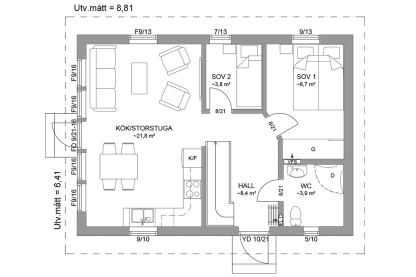 Planritning entréplan fritidshus med loft 72 kvm Dalarö 40-56