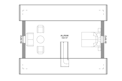 Planritning loftplan fritidshus med loft 72 kvm Dalarö 40-56