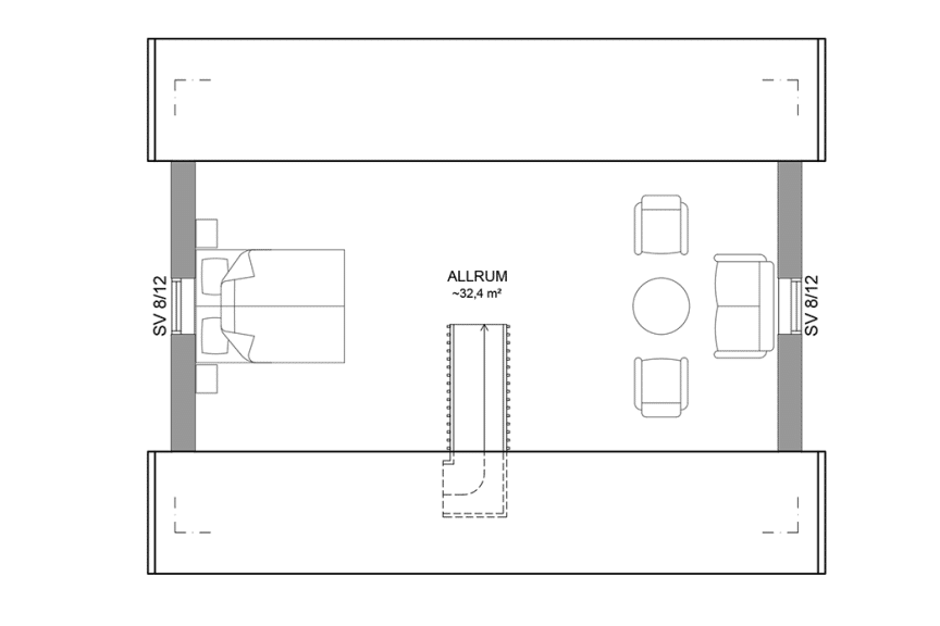Planritning loftplan fritidshus med loft 72 kvm Dalarö 40-56 spegelvänd