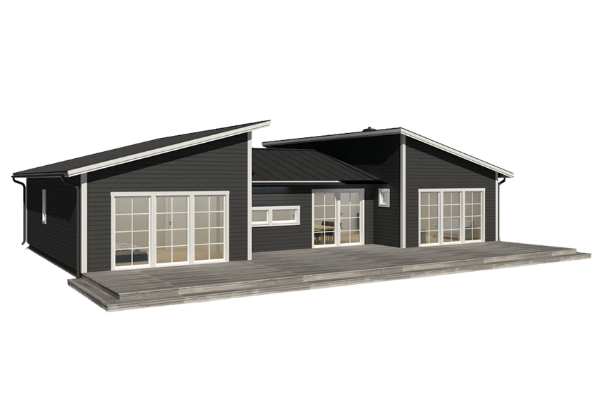 Form 145, modernt h-hus enplanshus med pulpettak 129 kvm