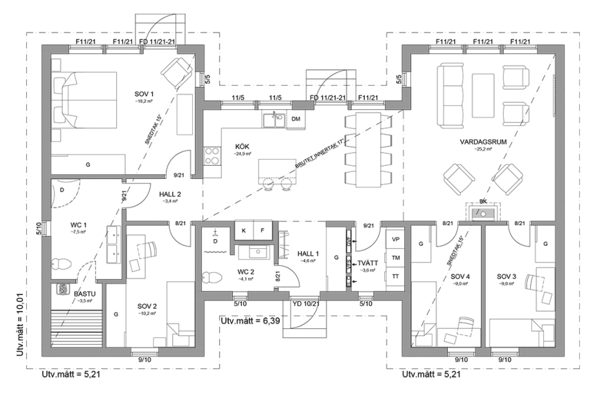 Planritning fritidshus enplanshus 129 kvm Form 145 spegelvänd