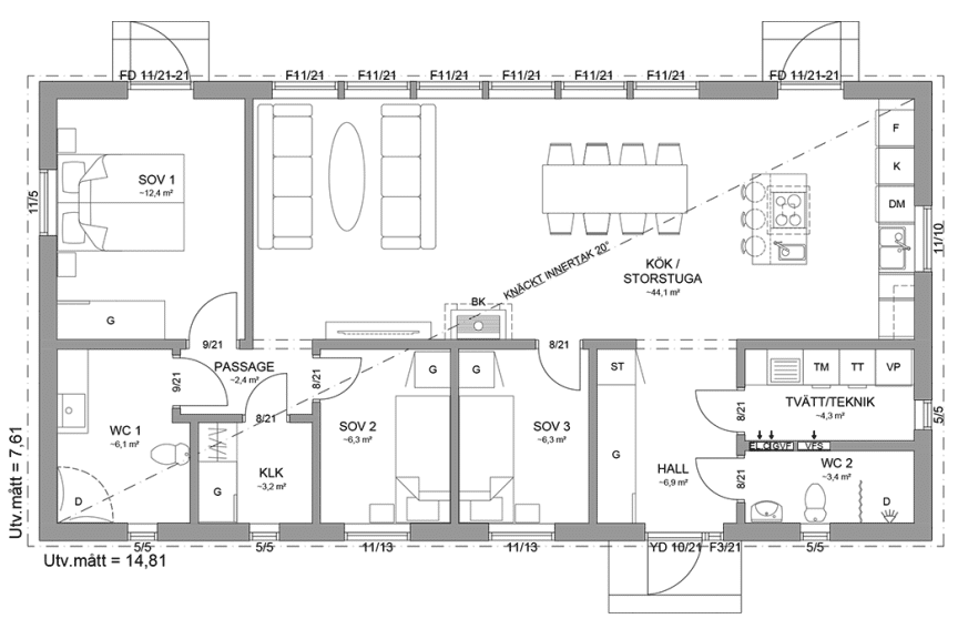 Planritning fritidshus enplanshus 101 kvm Gotland 27-113