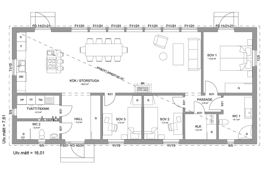 Planritning fritidshus enplanshus 109 kvm Gotland 27-122 spegelvänd