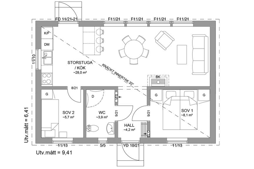 Planritning fritidshus enplanshus 52 kvm Gotland 27-60 spegelvänd