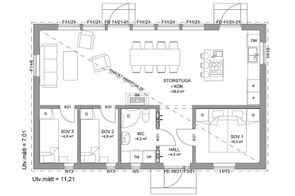 Planritning fritidshus enplanshus 69 kvm Gotland 27-79