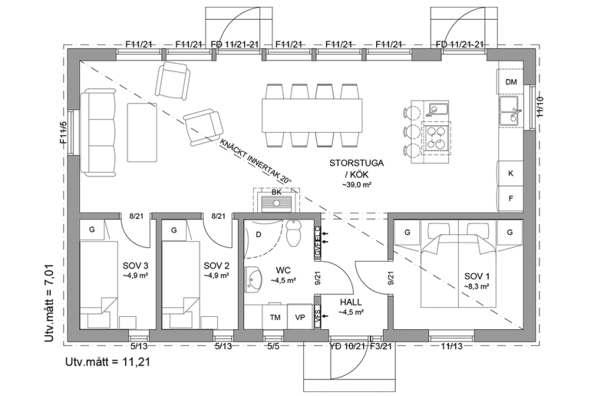 Planritning fritidshus enplanshus 69 kvm Gotland 27-79