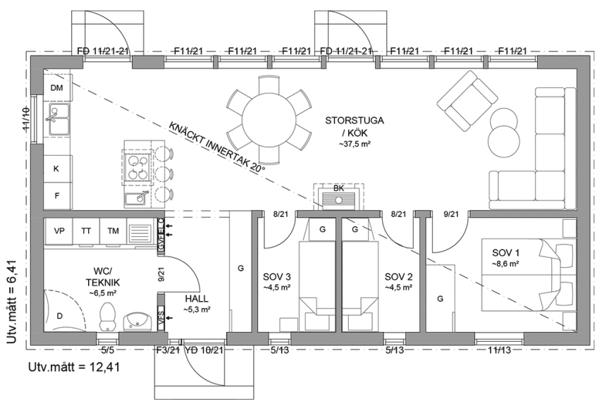 Planritning fritidshus enplanshus 70 kvm Gotland 27-80 spegelvänd