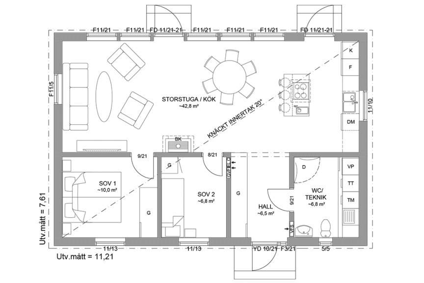 Planritning fritidshus enplanshus 75 kvm Gotland 27-85