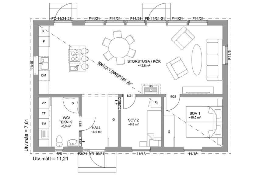 Planritning fritidshus enplanshus 75 kvm Gotland 27-85 spegelvänd