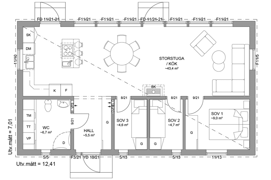 Planritning fritidshus enplanshus 77 kvm Gotland 27-87 spegelvänd