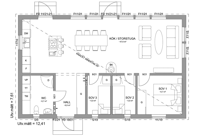 Planritning fritidshus enplanshus 84 kvm Gotland 27-95 spegelvänd